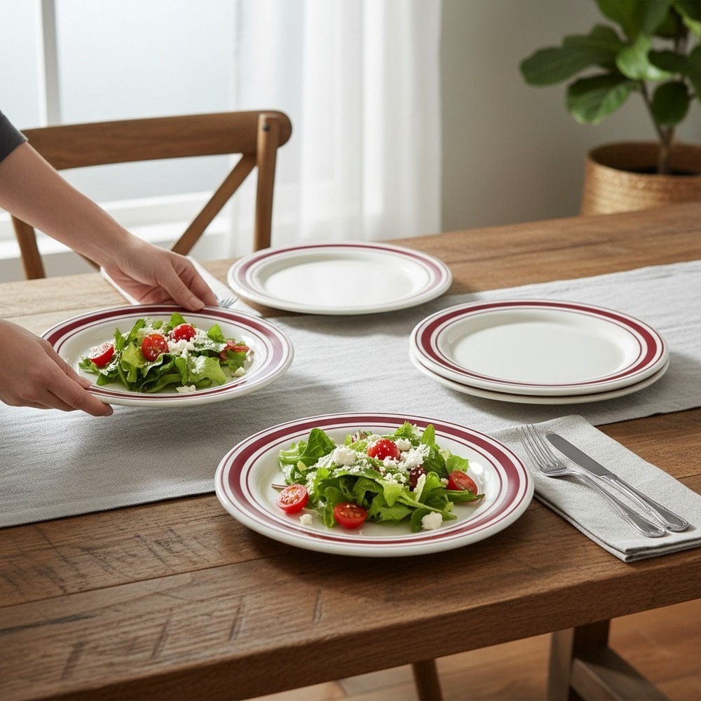 Threshold Salad Plate Set of 4 8in White Red NWT Melamine Striped